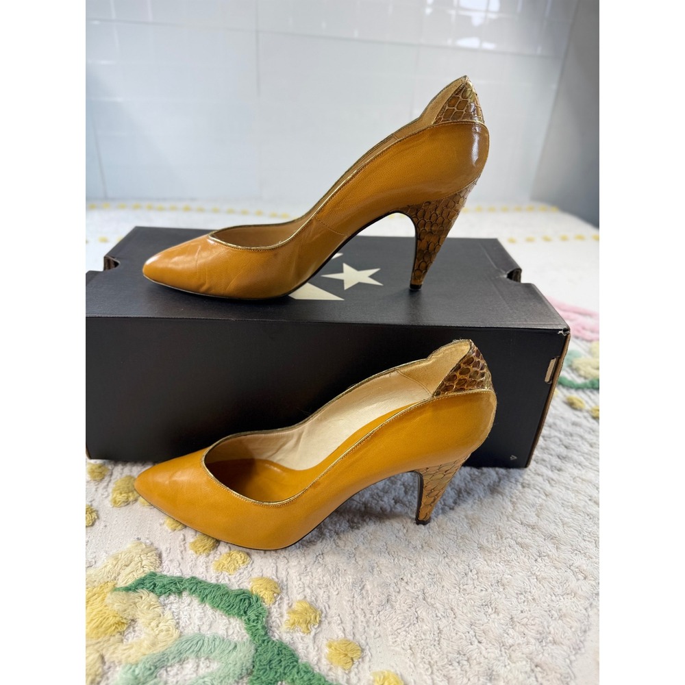 Brian Jeffrey Mustard Yellow Leather Snakeskin Heel Pointed Toe Pumps spain